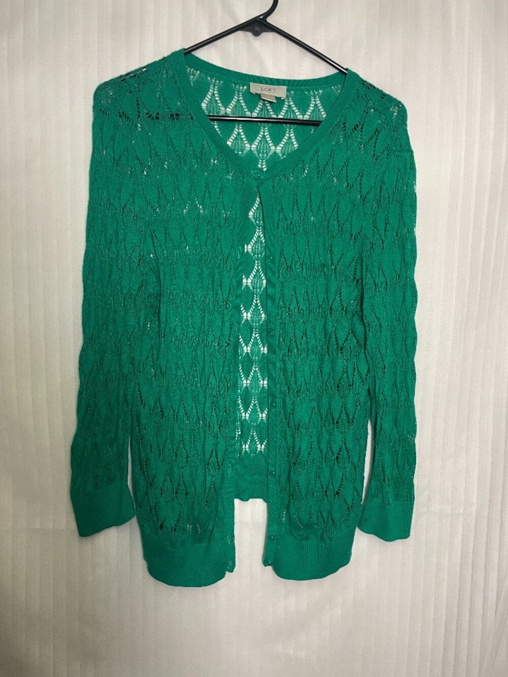 LOFT Cardigan Womens Large Green Pointelle Knit 100% Cotton V Neck Button Front